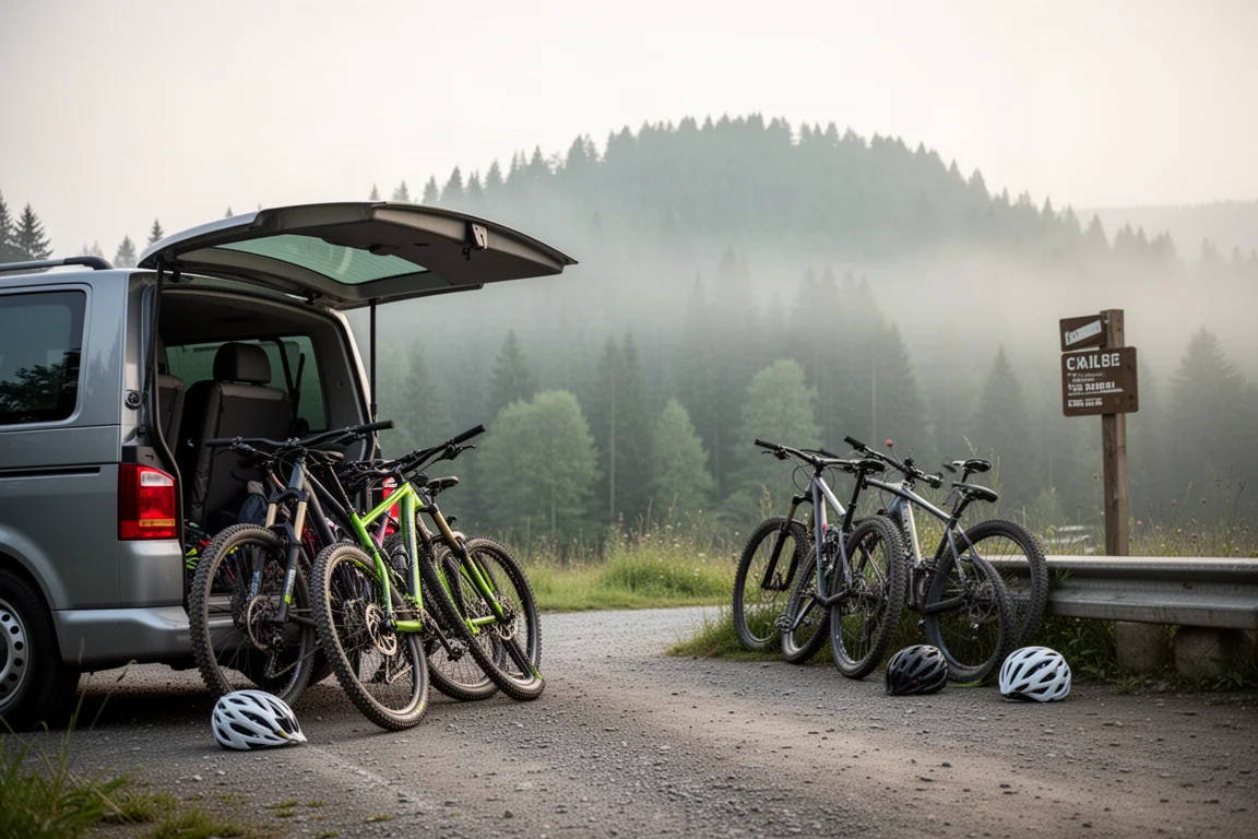 Mountainbikes lutade mot en skåpbils baklucka vid en dimmig stigstart i skogen tidigt på morgonen