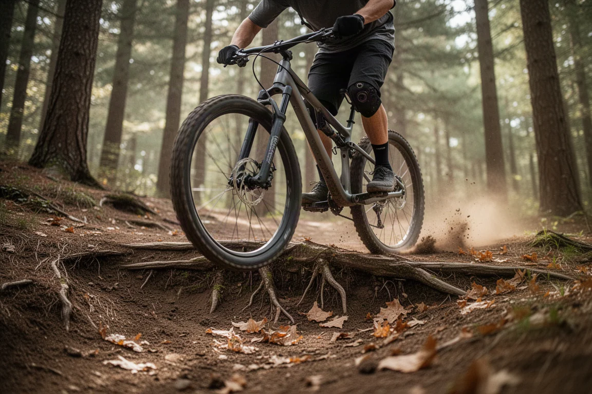 Hardtail-mountainbike som körs över rötter på en brant, mullrik skogsstig med damm bakom bakhjulet