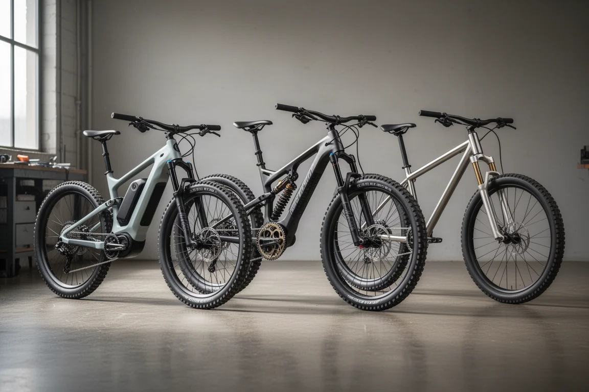 Drie mountainbikes op een rij in een werkplaats met een gepolijste betonvloer en zacht daglicht