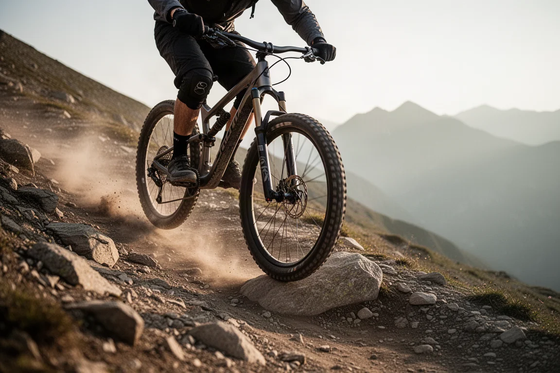Mountainbiker bei der Abfahrt auf einem steinigen Alpintrail, während die Federgabel einfedert