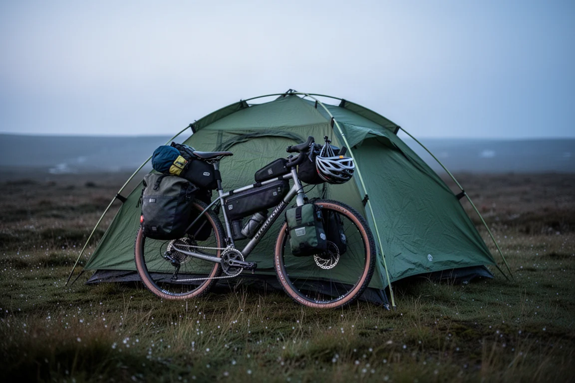 Beladenes Gravelbike neben einem kleinen grünen Zelt an einem Wildcamp in offener Moorlandschaft in der Dämmerung