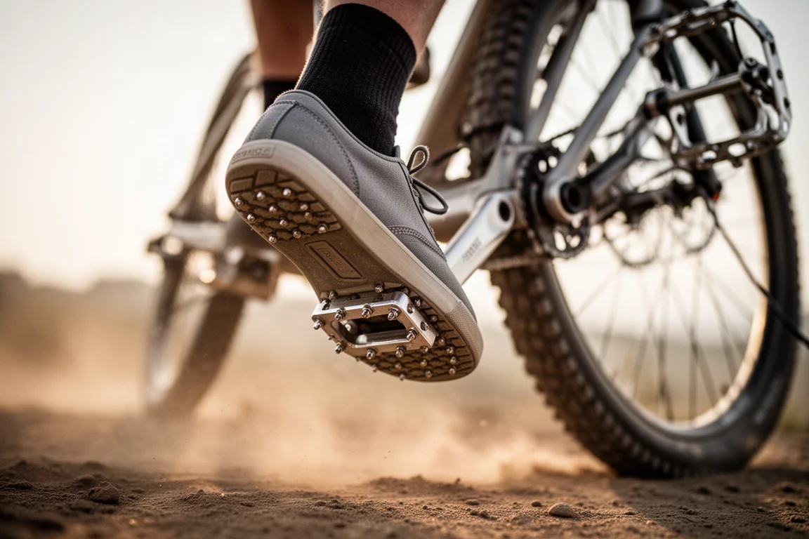 Nahaufnahme der Sohle eines Flat-Pedal-Schuhs auf einem Mountainbike-Pedal während der Fahrt