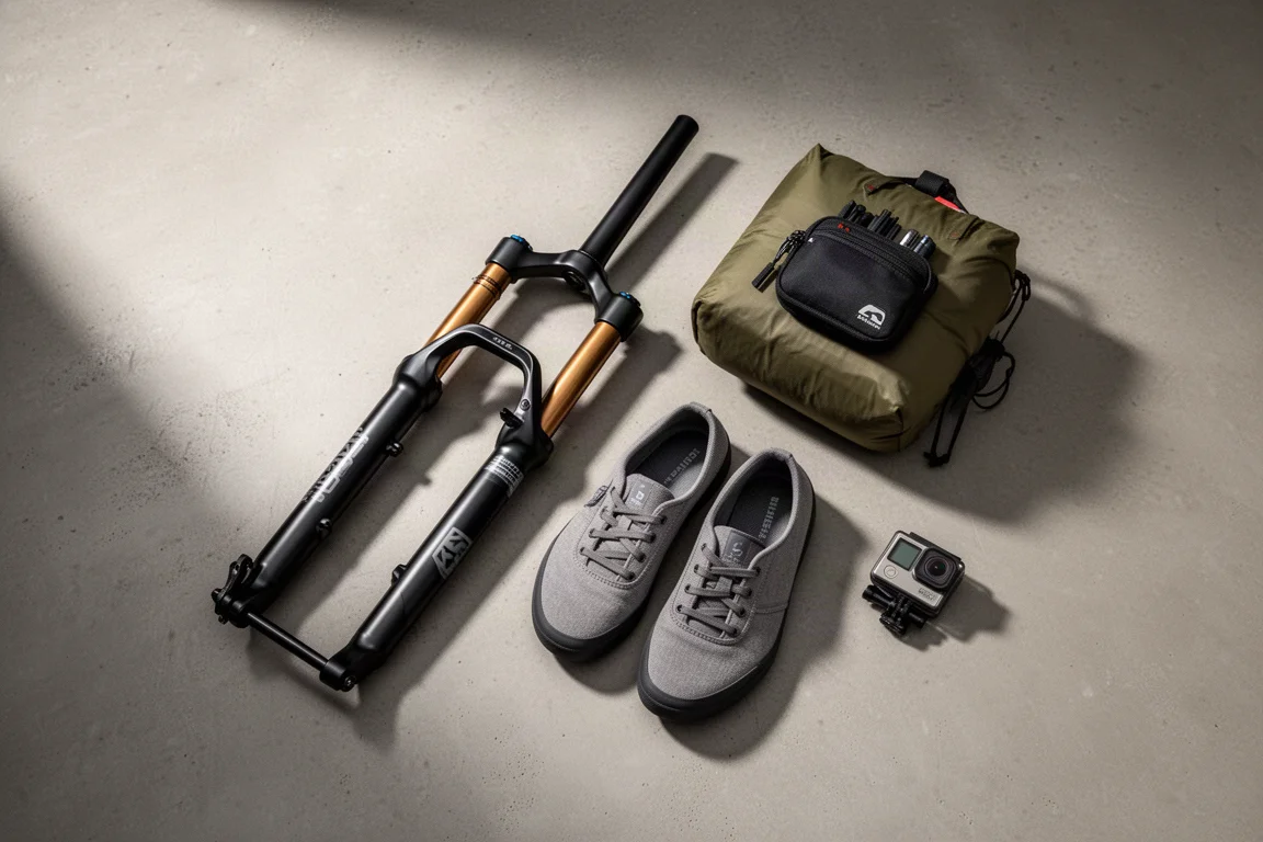 Disposizione dall'alto di attrezzatura per mountain bike e bikepacking, tra cui una forcella ammortizzata, una tenda e delle scarpe