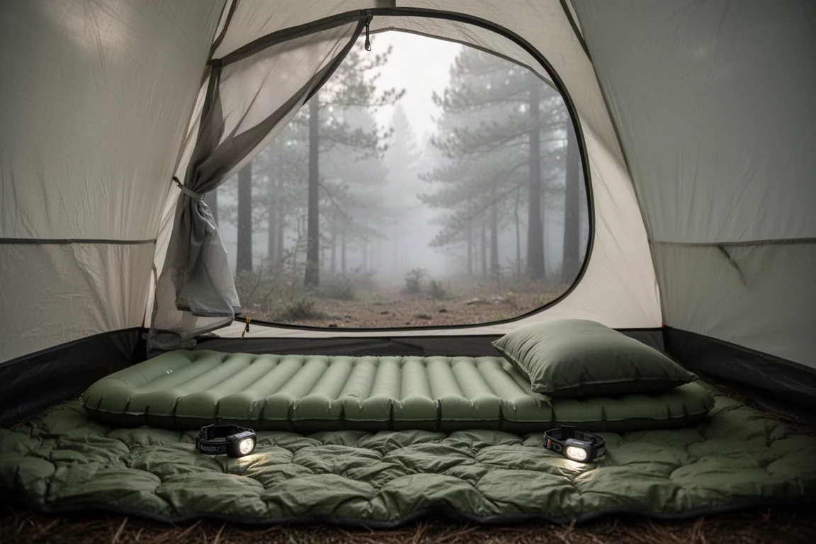 Dawn inside a backpacking tent with a sleeping pad, pillow, and headlamp laid out