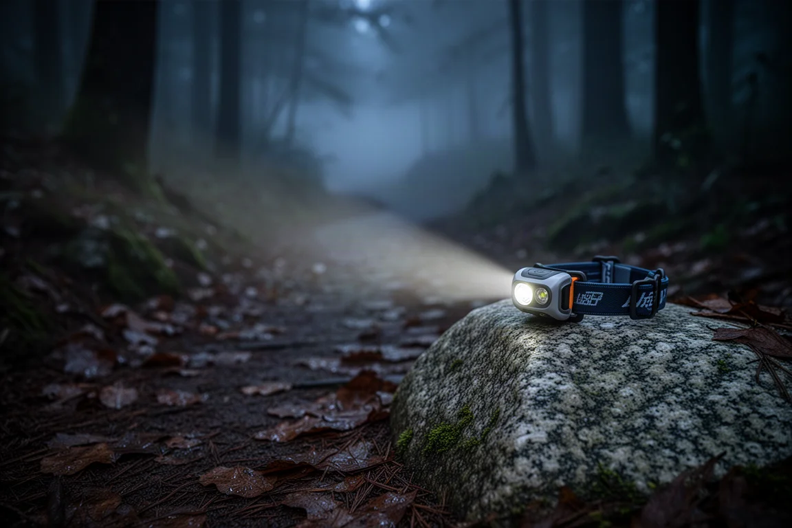 Small headlamp on a rock casting a beam across a dark forest trail at night