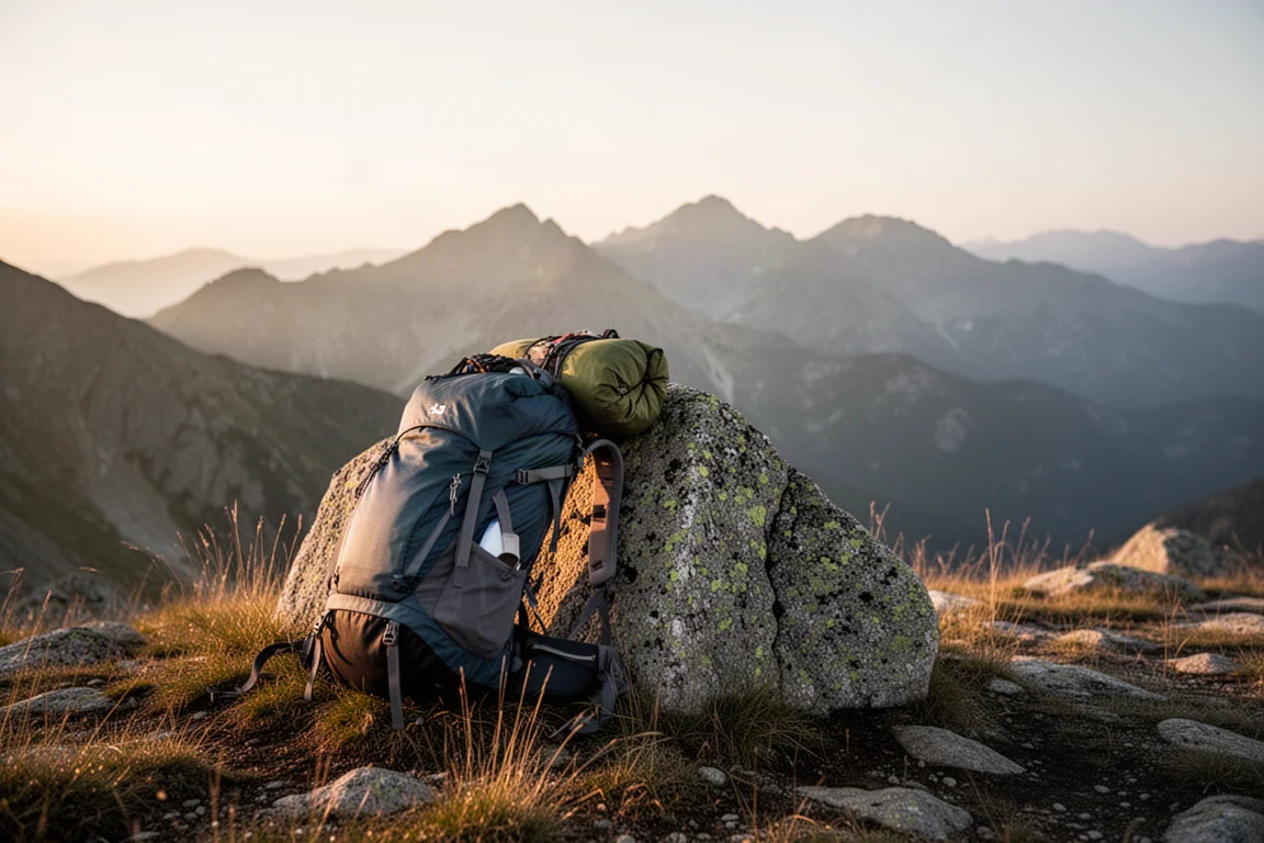 Loaded ultralight backpack leaning on a boulder on an alpine ridge at sunrise