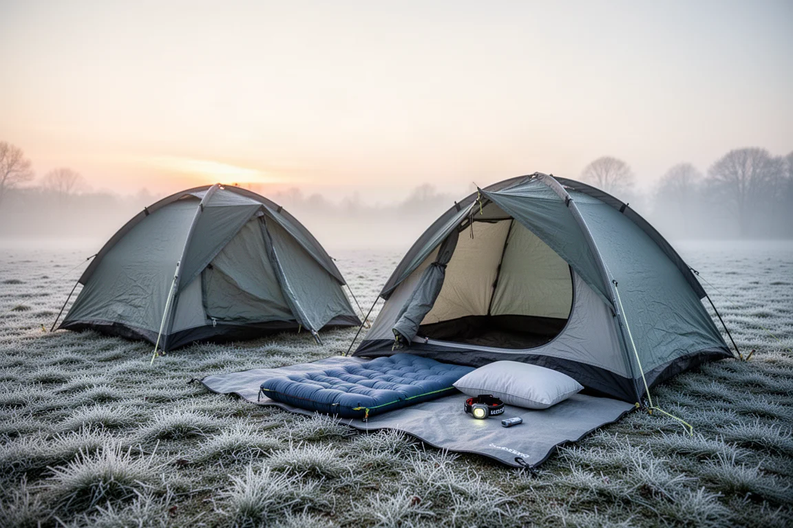 Frosty campsite at first light with two tents and sleep gear arranged outside