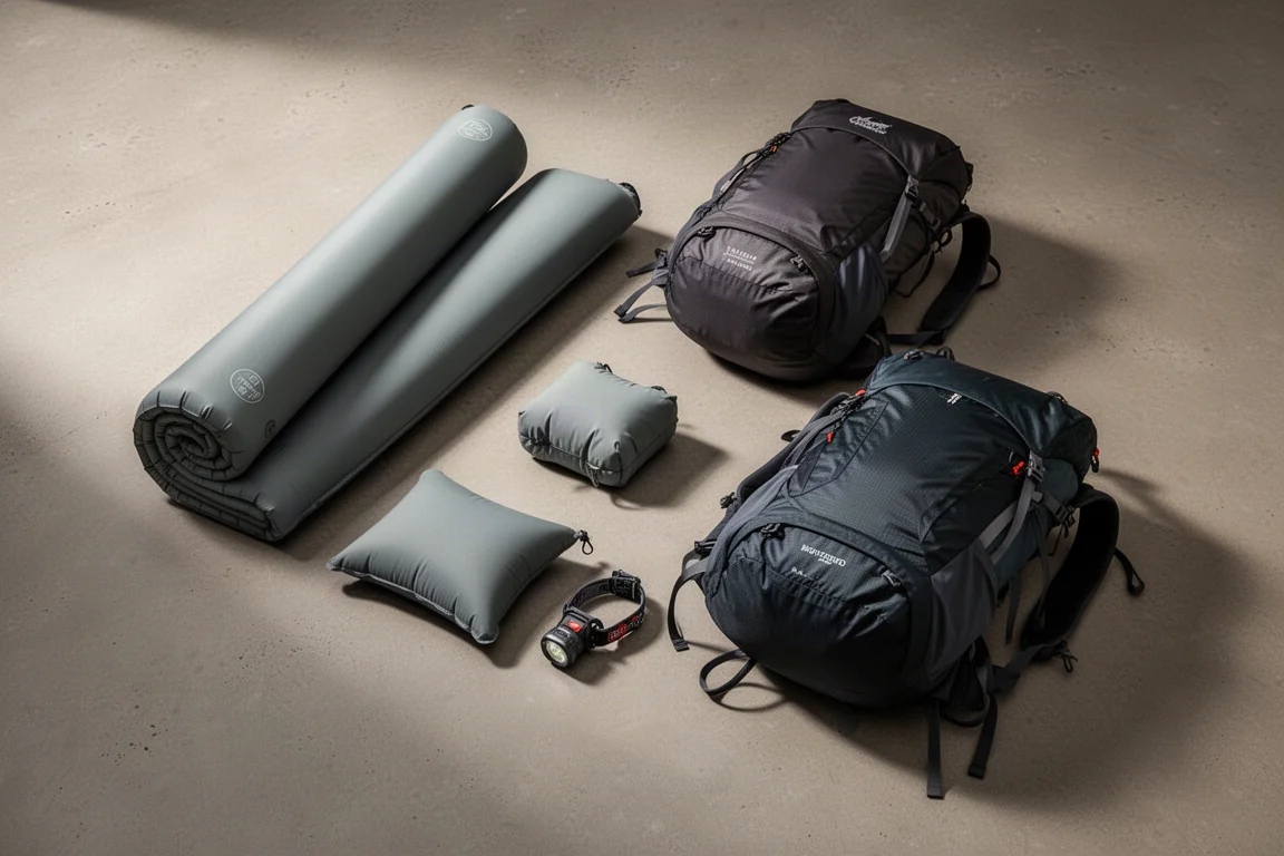 Colchonetas de mochilero, almohada de camping, frontal y dos mochilas dispuestas sobre hormigón