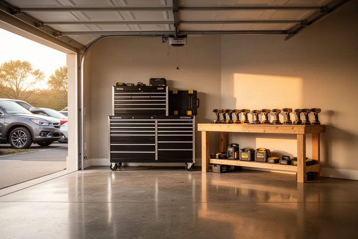 Pyntligt hemmagarage med rullande verktygsskåp och sladdlösa verktyg på en arbetsbänk