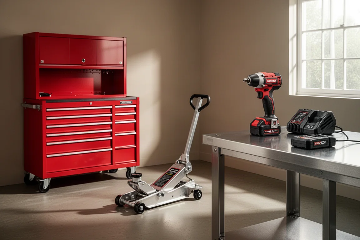 Garage workshop scene with rolling tool cabinet, floor jack, and cordless tools on a workbench