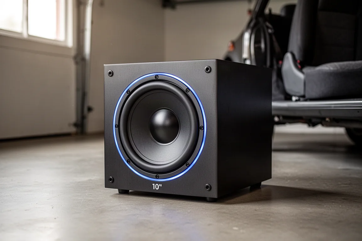 Compact powered subwoofer in a metal enclosure with visible woofer cone in a garage setting