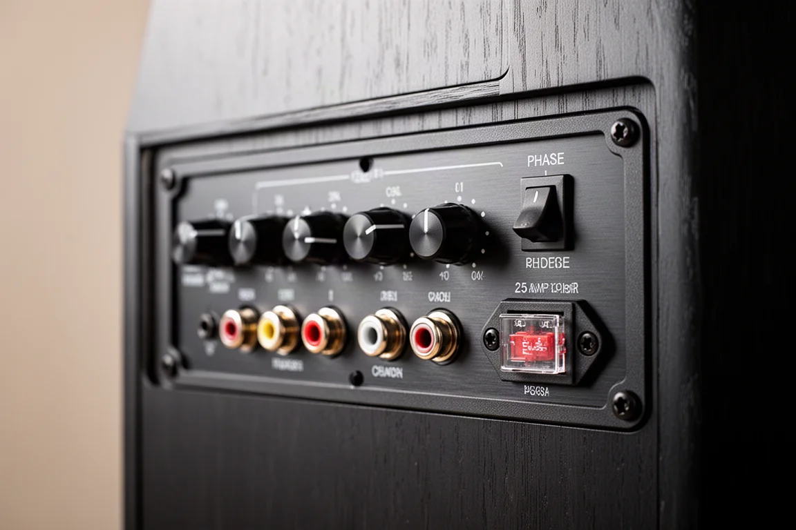 Close-up of subwoofer control panel with knobs and connection terminals