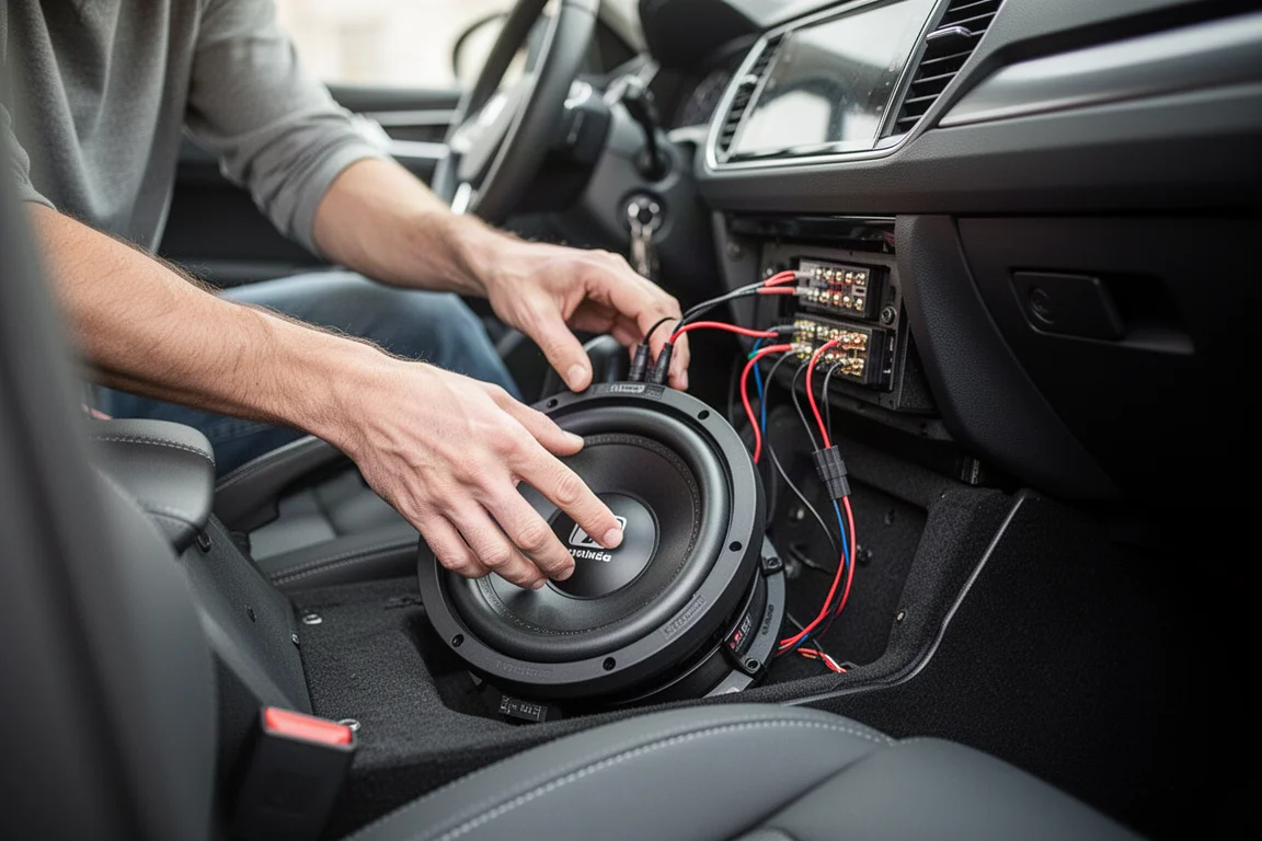 Hands installing a subwoofer under a car seat with wiring visible