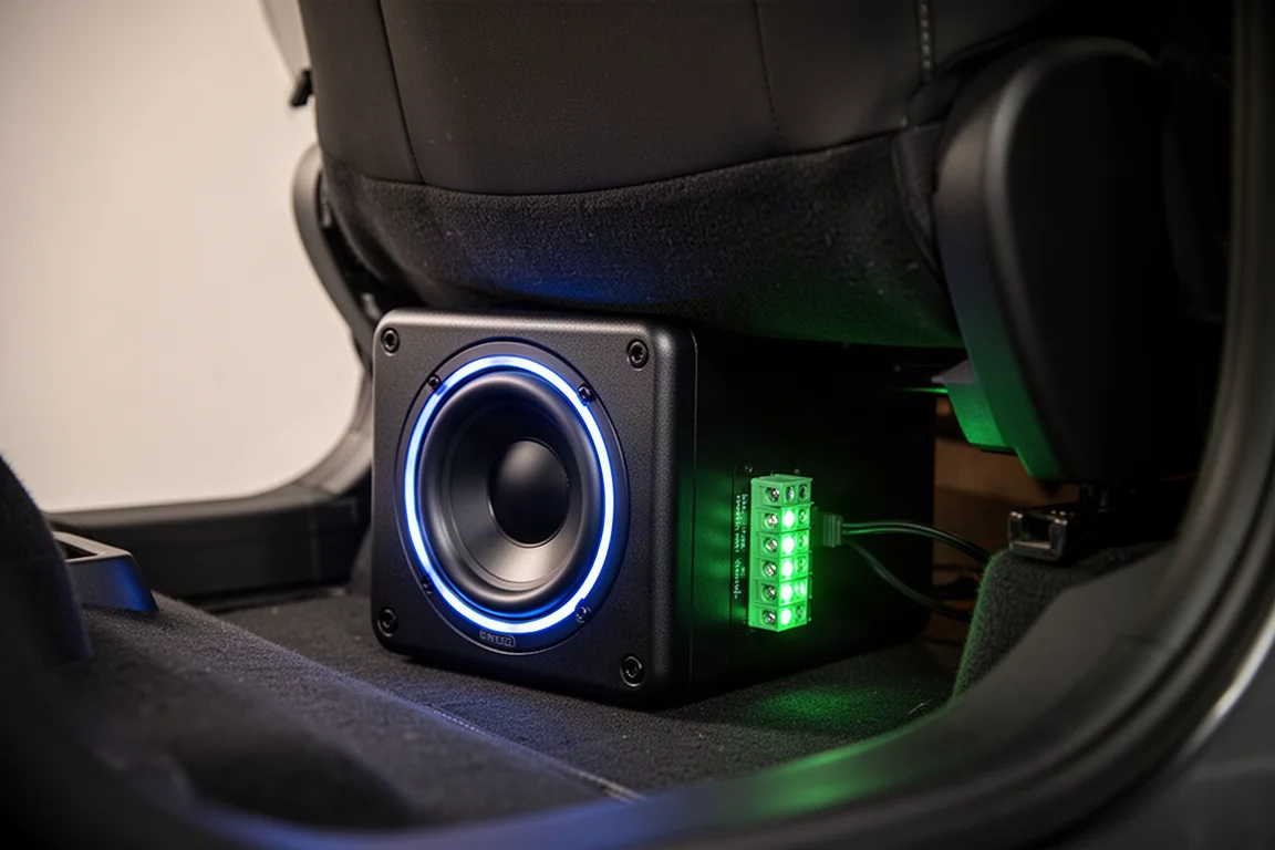 Subwoofer mounted under a car seat with blue LED ring illuminated
