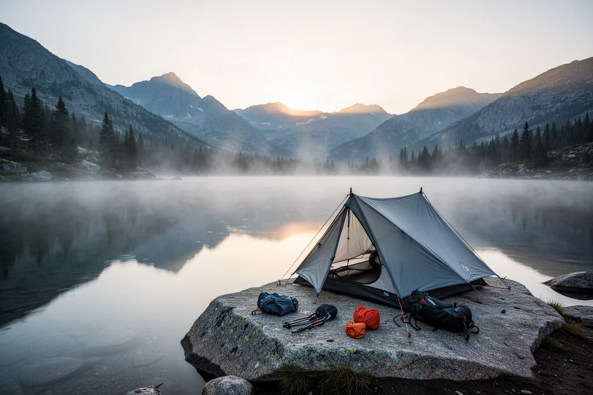 Lightweight camp gear spread on a granite slab beside a still alpine lake at dawn