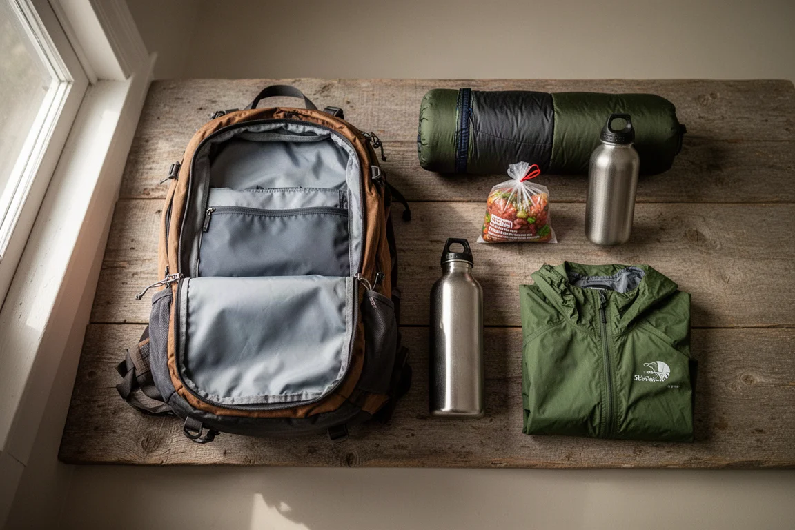Overhead flat lay of a partially packed backpack with rolled layers and a food bag