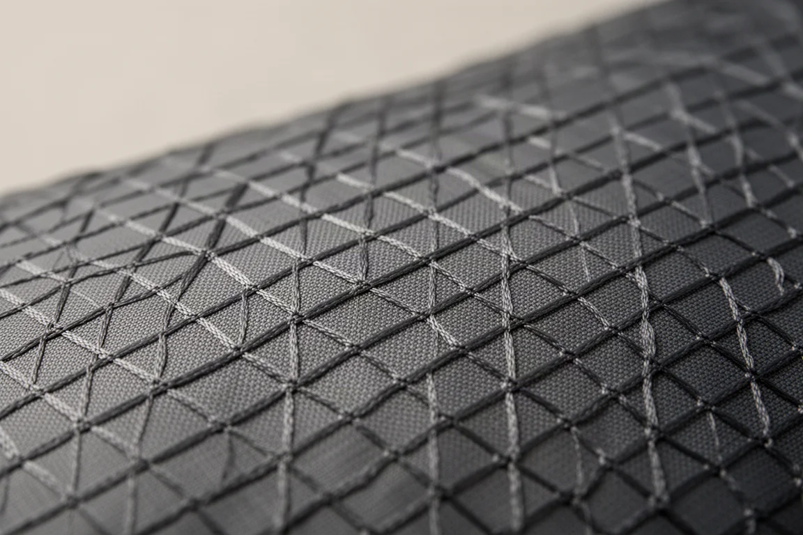 Close-up of grid ripstop nylon fabric texture under raking light