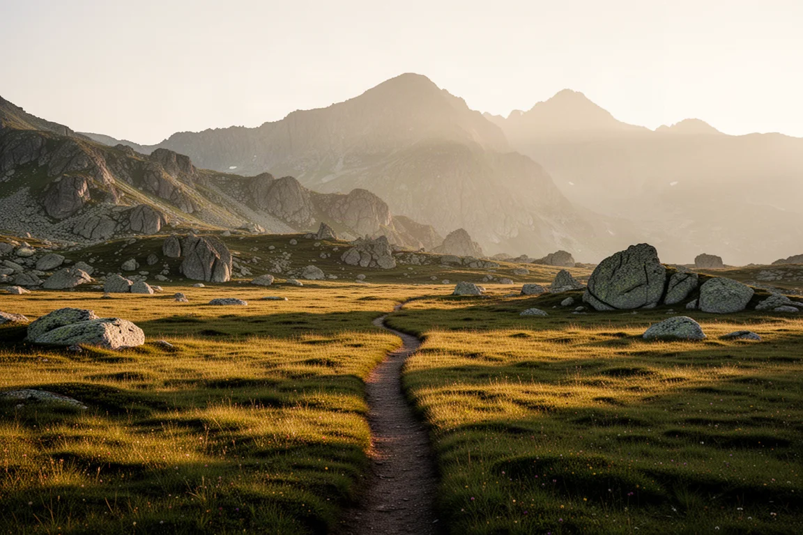 Narrow footpath winding through an alpine meadow toward a distant ridge at golden hour