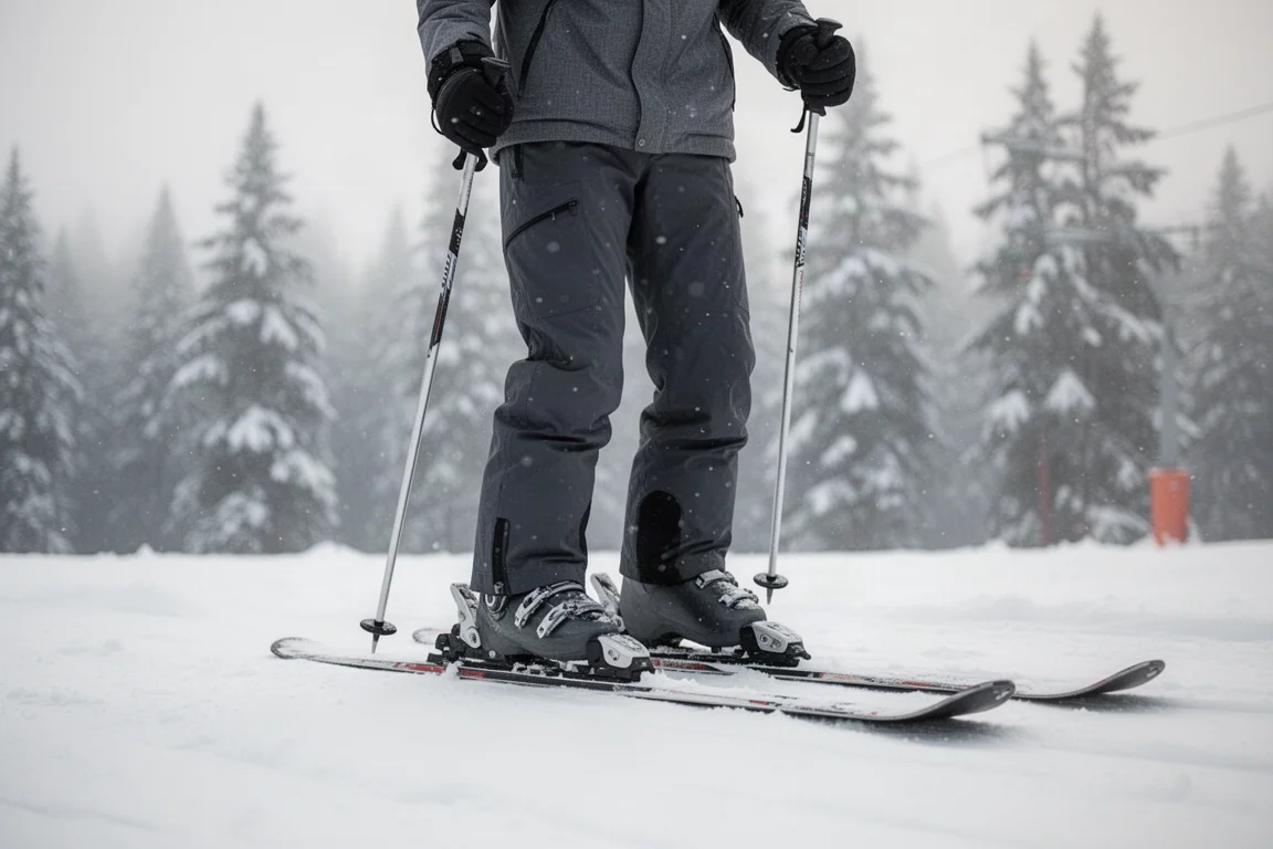 Lower-body view of a skier in dark snow pants waiting in a resort lift line on packed snow