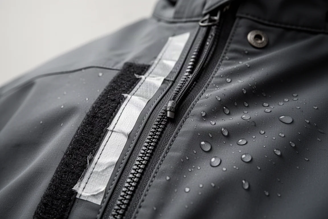 Macro view of a taped interior seam and closed zipper on dark technical snow pant fabric