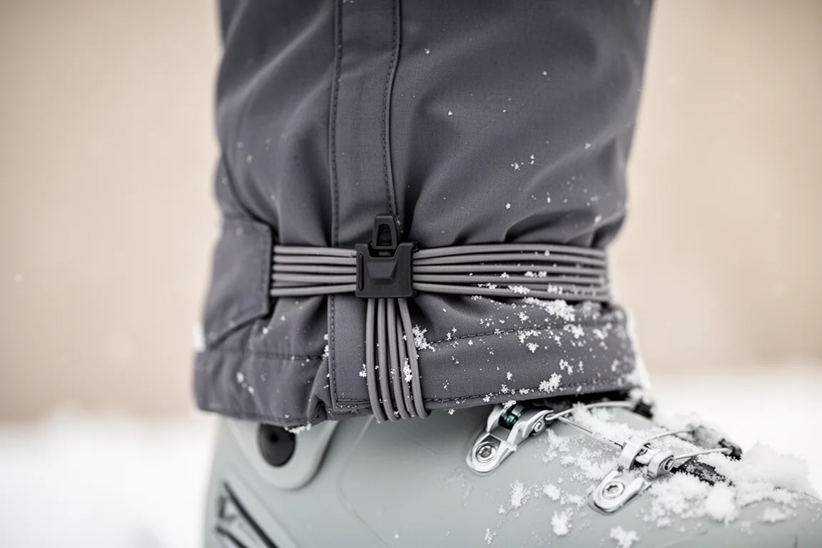 Close-up of a snow pant cuff with clip and rubber elastic strap over a ski boot