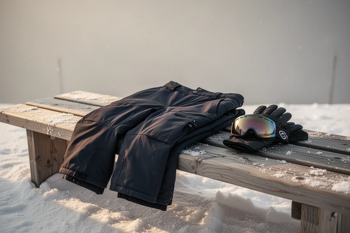 Folded dark snow pants on a snow-dusted bench with gloves and goggles beside them