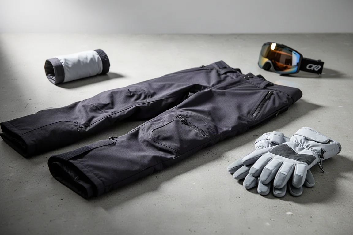 Dark charcoal snow pants laid flat on concrete with goggles and gloves nearby