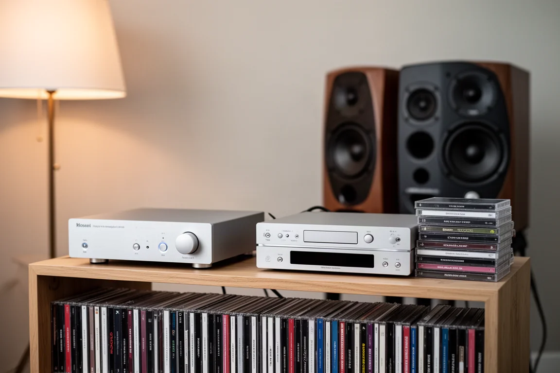 Rincón de escucha de alta fidelidad con estanterías de CD, un DAC compacto, un amplificador y altavoces abiertos