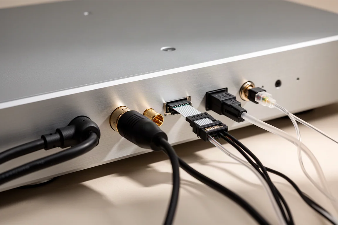 Primer plano de cables digitales conectados al panel trasero de un componente de audio plateado y delgado