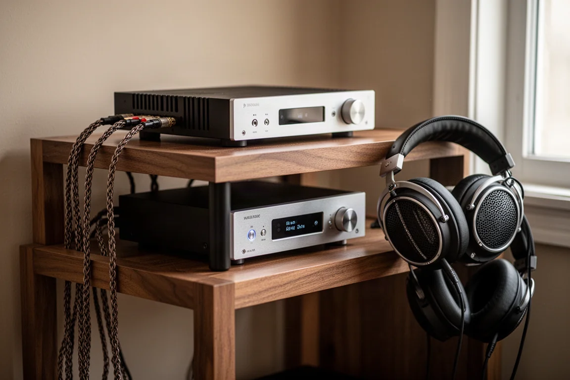 DAC y amplificador apilados en una balda de madera con auriculares abiertos descansando cerca