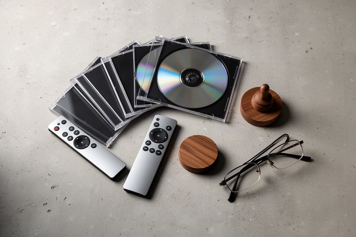 Vista cenital de fundas de CD lisas, un mando a distancia delgado y un puck de madera sobre hormigón