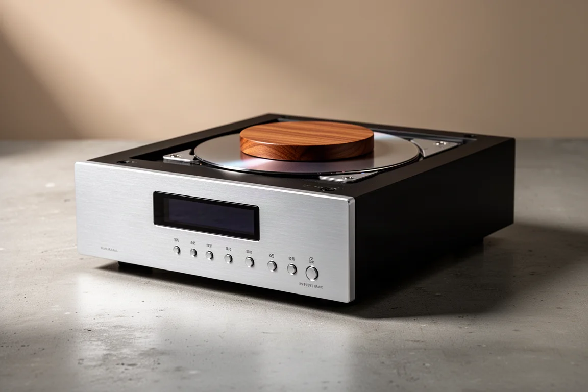 Slim silver CD transport with wooden disc puck on a matte concrete surface
