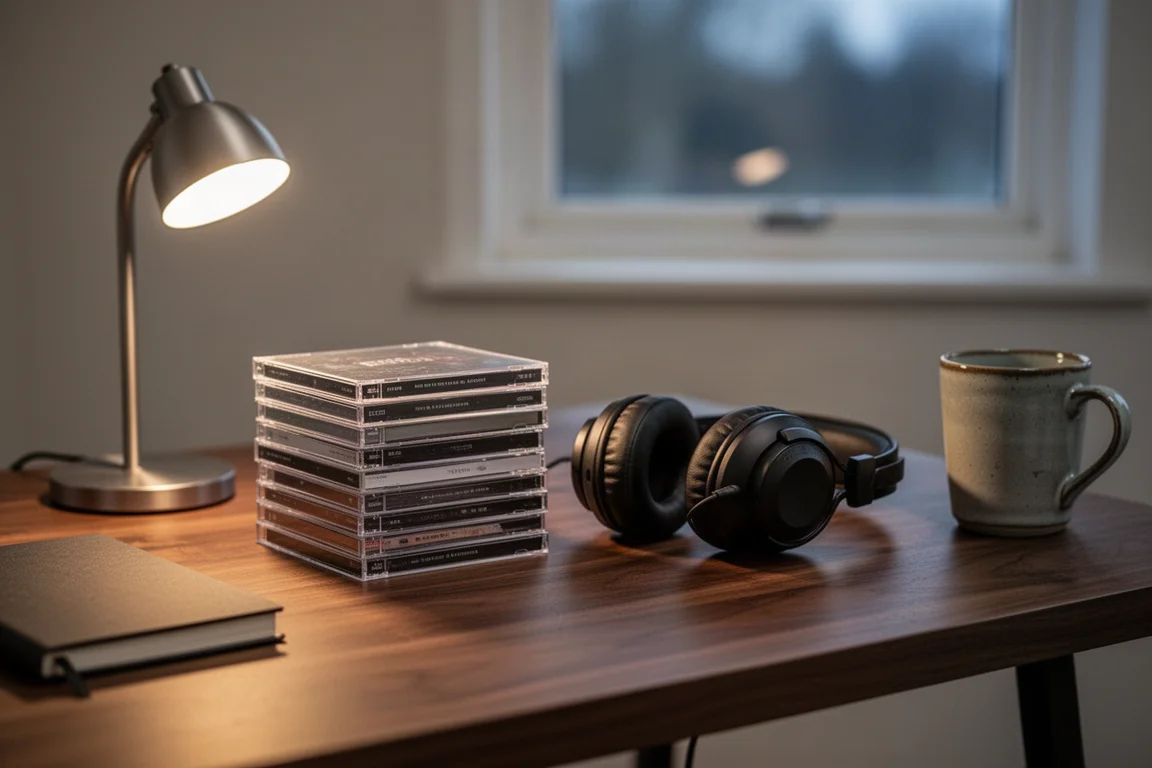 Pila de discos compactos y auriculares de diadema sobre un escritorio de nogal con luz cálida de atardecer