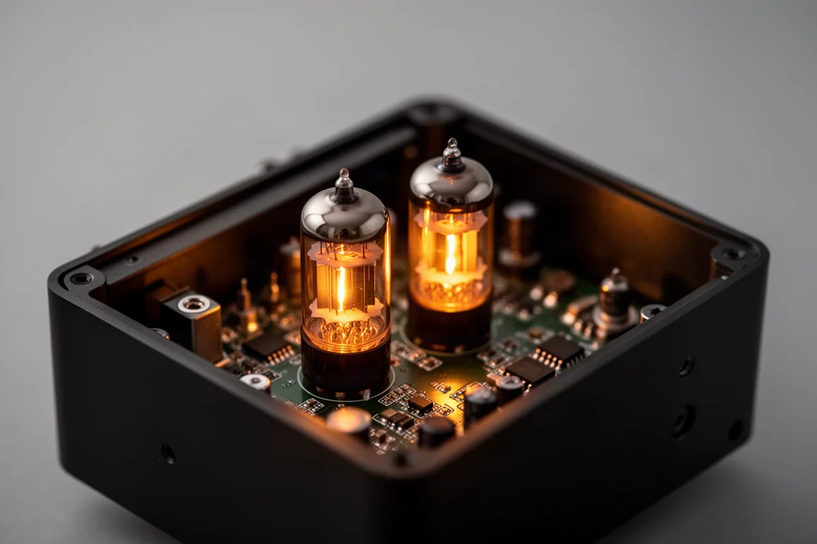 Dos válvulas en miniatura brillando en ámbar dentro del chasis de un dispositivo de audio compacto