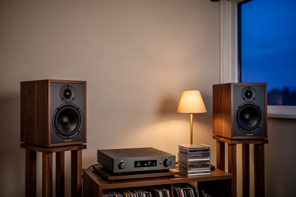 Sala de escucha al anochecer con altavoces de estantería, amplificador y CD bajo la luz cálida de una lámpara