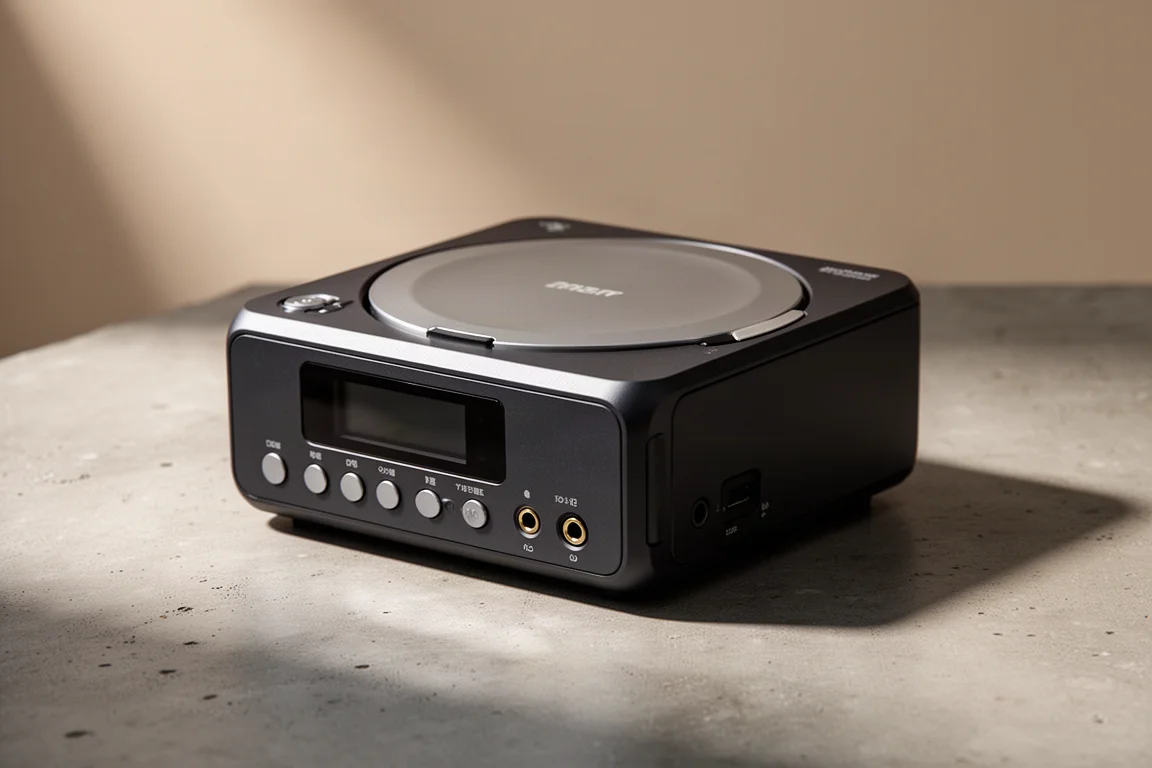 Compact portable CD player with a top-loading lid and headphone jacks on a concrete surface
