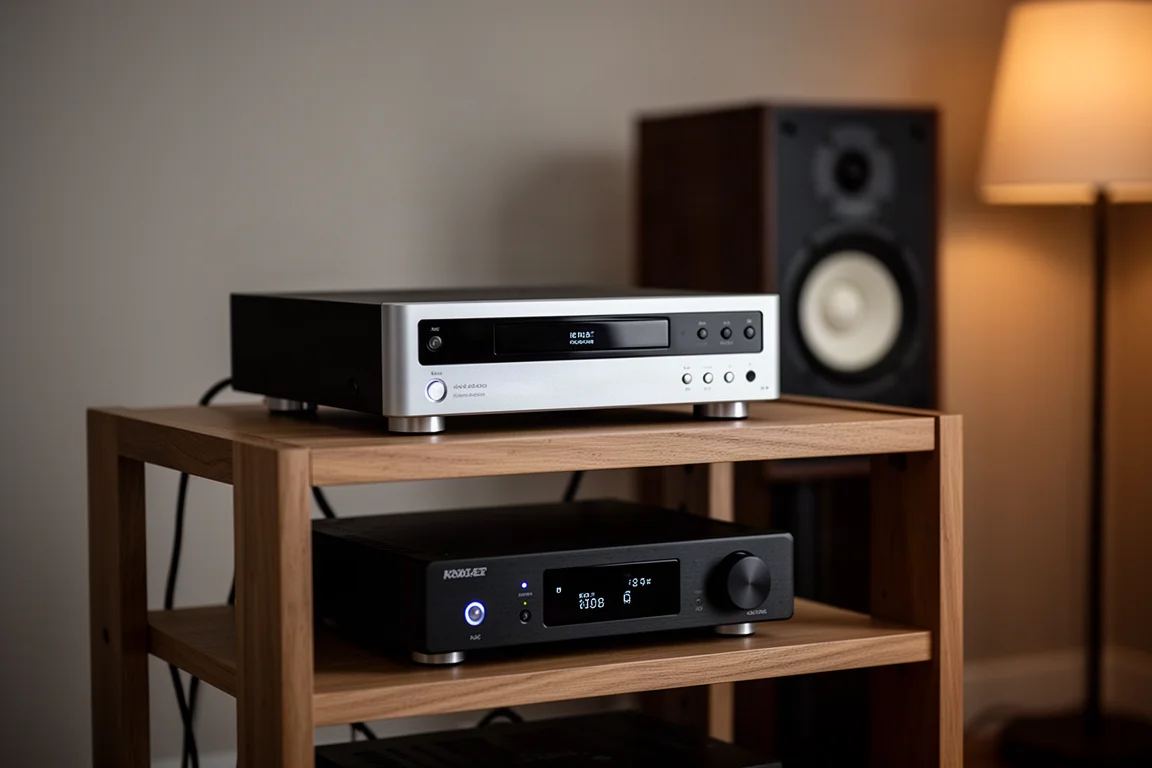 Compact cd-transport op een hifi-rack naast een externe DAC in een sfeervol verlichte luisterruimte