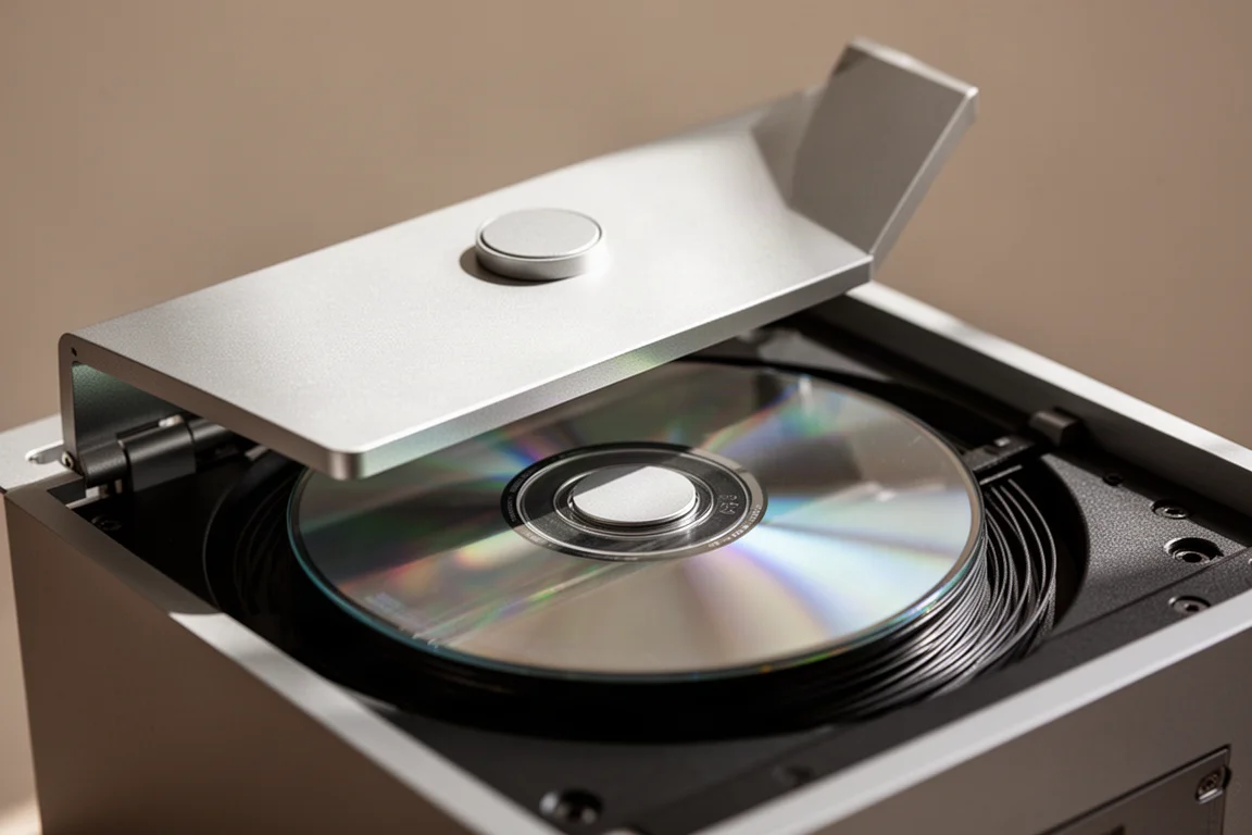 Close-up van een compact disc op een spindel onder een scharnierend transportdeksel