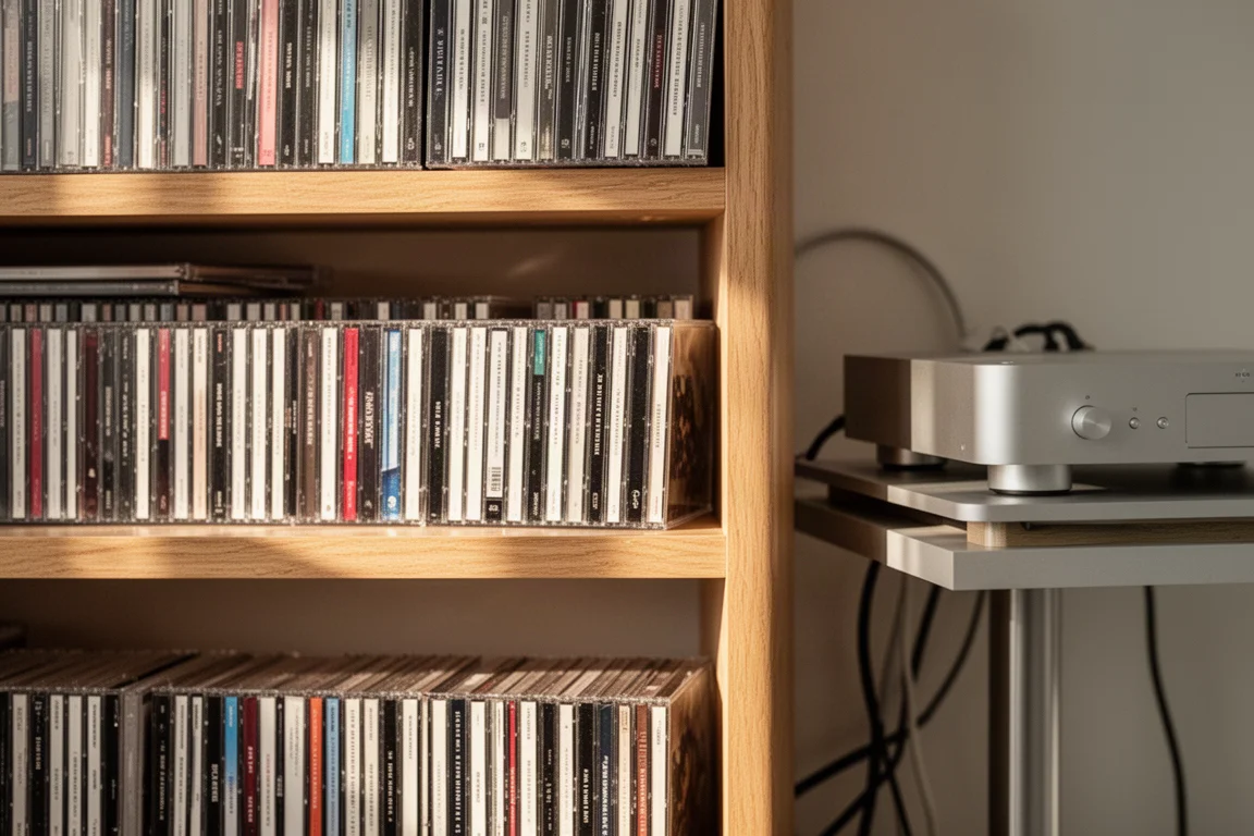 Planken vol compact discs naast een hifi-rack in een stille luisterruimte