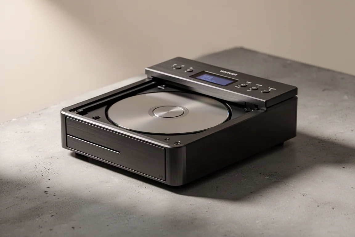 Compact top-loading CD transport with raised lid on a concrete surface