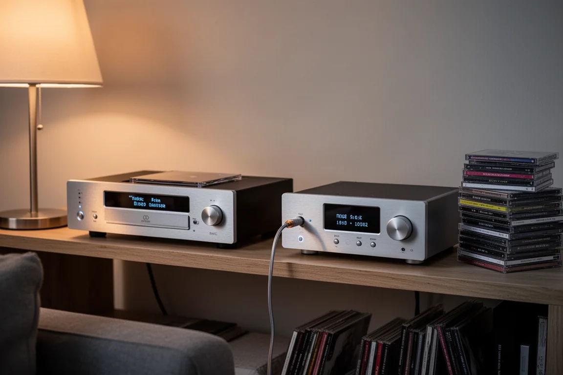 A CD transport and separate DAC connected by a digital cable on a hi-fi shelf at dusk