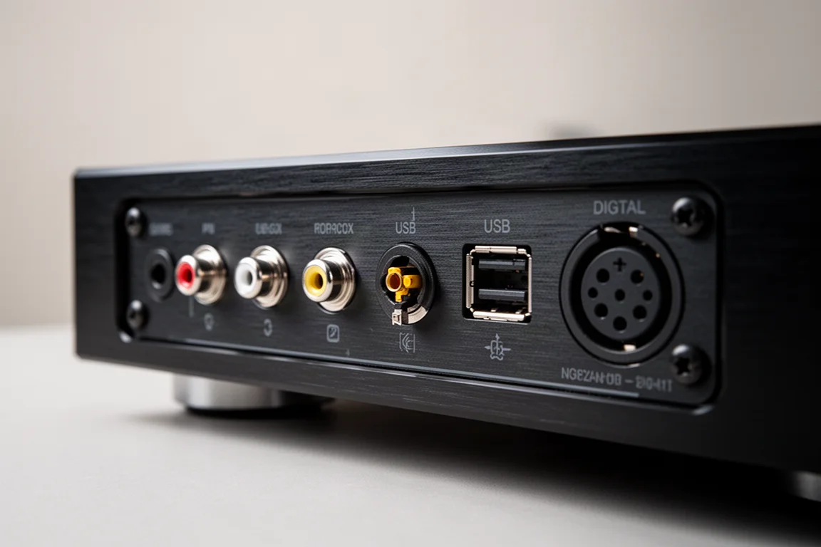 Close-up of the rear panel of a hi-fi component showing coaxial, optical, and USB sockets