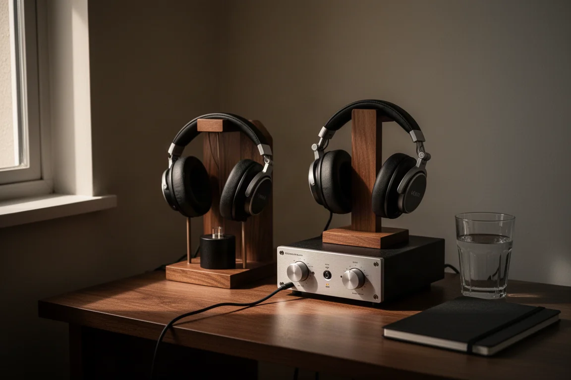 Over-ear headphones on a wooden stand beside a small desktop amplifier in low light