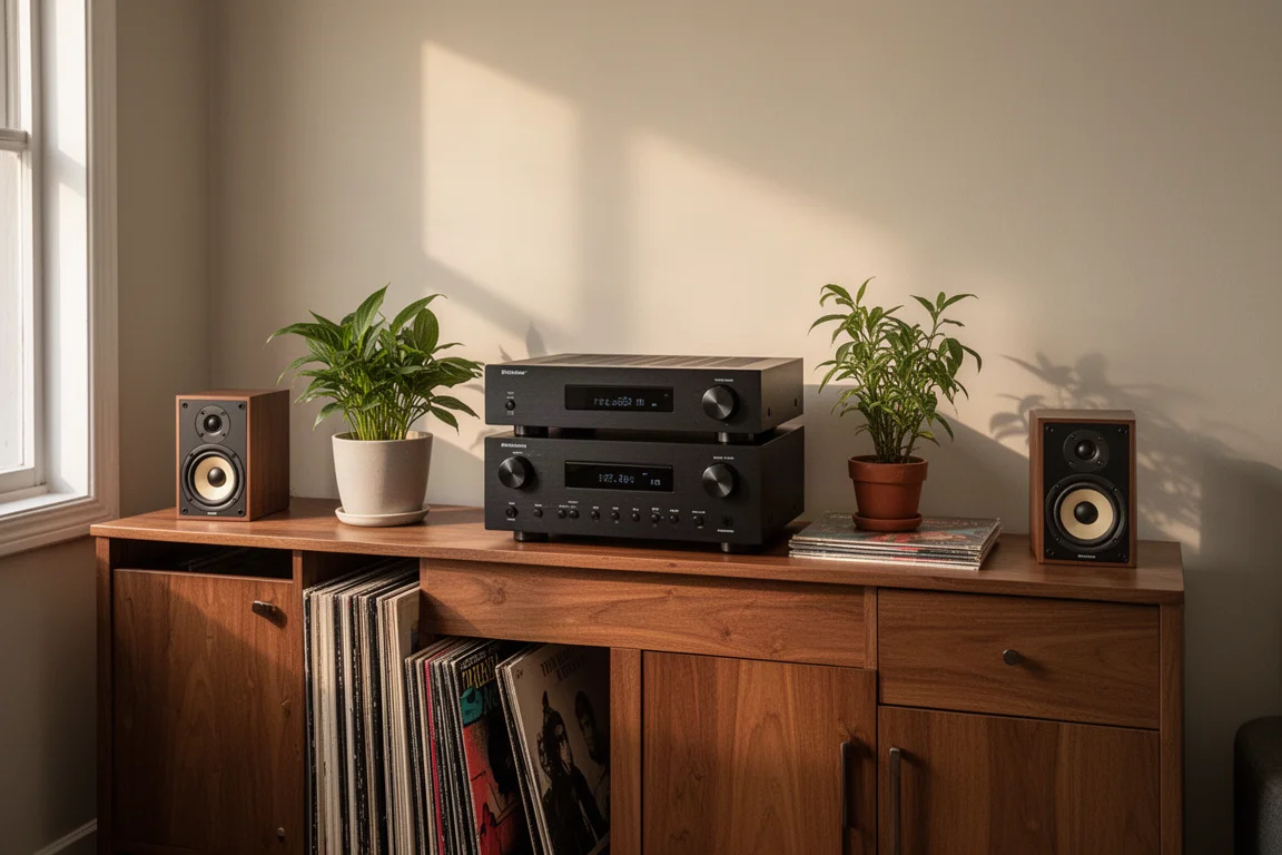 A half-width hi-fi stack on a narrow wooden sideboard in a compact apartment