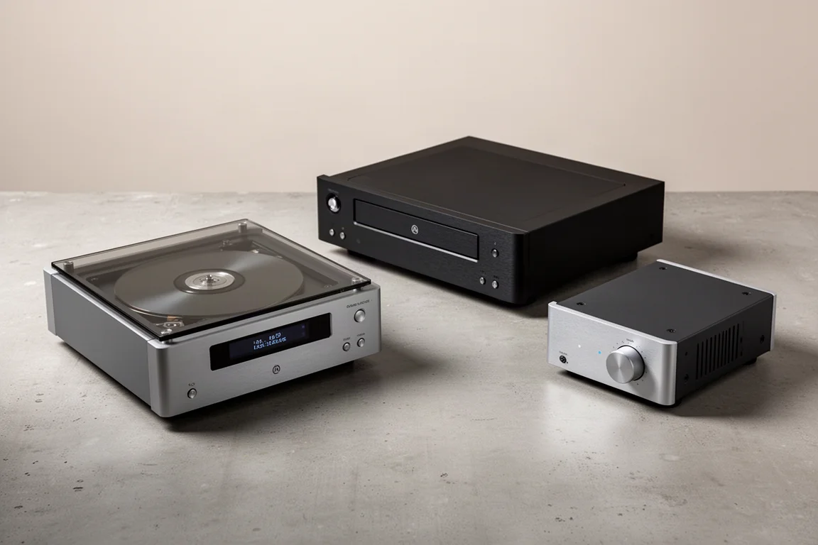 Three hi-fi components including a glass-lid CD transport and a compact DAC on concrete