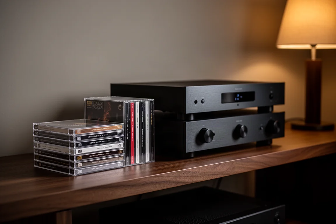 Dim listening room with a hi-fi rack and a stack of SACD cases on a wooden shelf