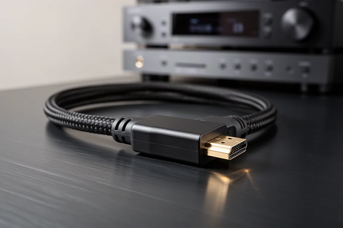 Close-up of a black digital interconnect cable with an HDMI-style connector on a dark surface