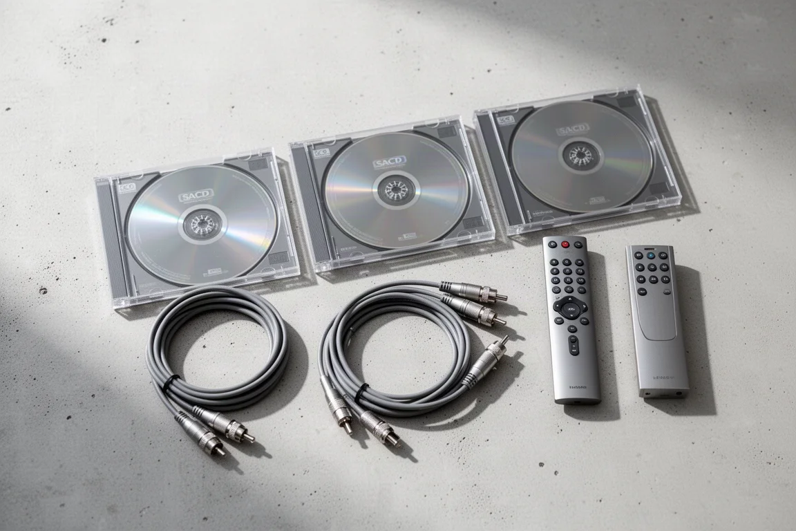 Overhead flat-lay of SACD cases, optical and coaxial cables, and a remote on concrete