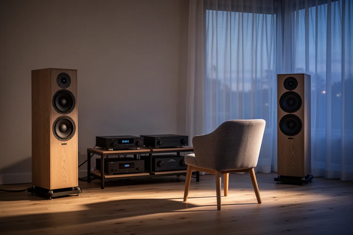 Listening room at dusk with floorstanding speakers, amplifier, and a single chair