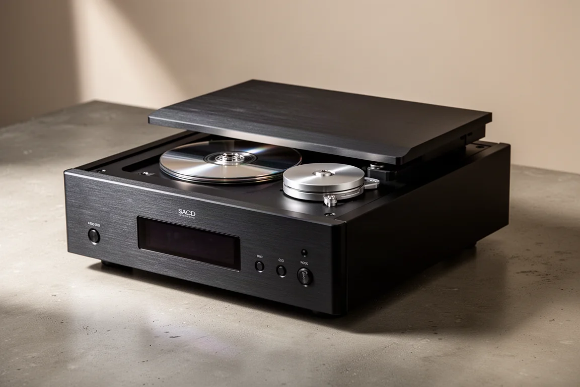 Top-loading SACD transport with brushed aluminium chassis and metal disc clamp on concrete